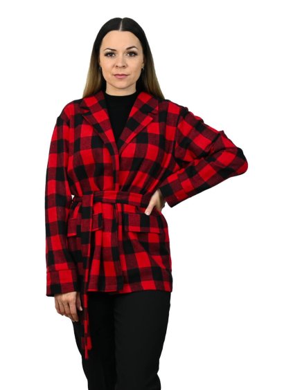 Červenočierne kockované sako s opaskom, Červená (Veľkosť UNI)