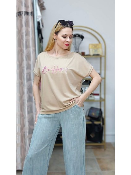 Dámske tričko s nápisom Be Happy, Béžová (Veľkosť UNI)