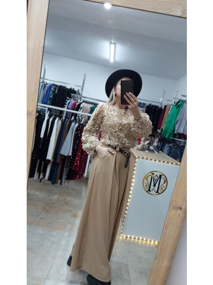 Trblietavé nohavice s vysokým pásom, Béžová (Veľkosť UNI)