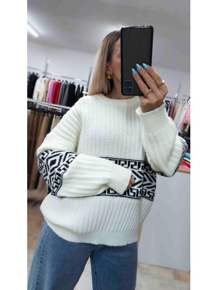 Pletený sveter s nórskym vzorom, Krémová (Veľkosť UNI)