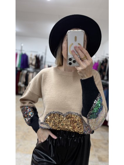 Pletený trblietavý sveter Gema, Béžová (Veľkosť UNI)