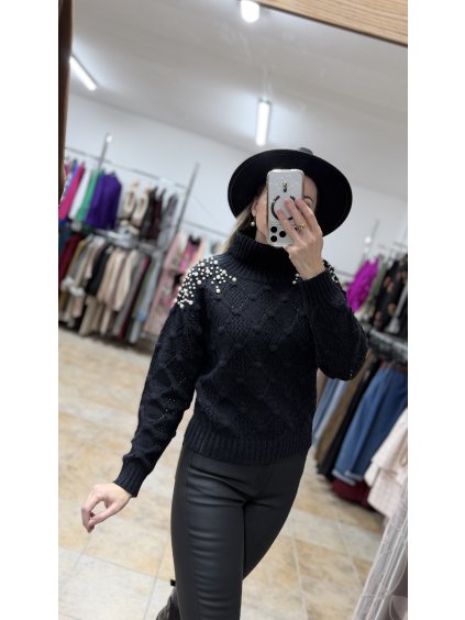 Pletený čierny sveter s perlami Chloe, Čierna (Veľkosť UNI)