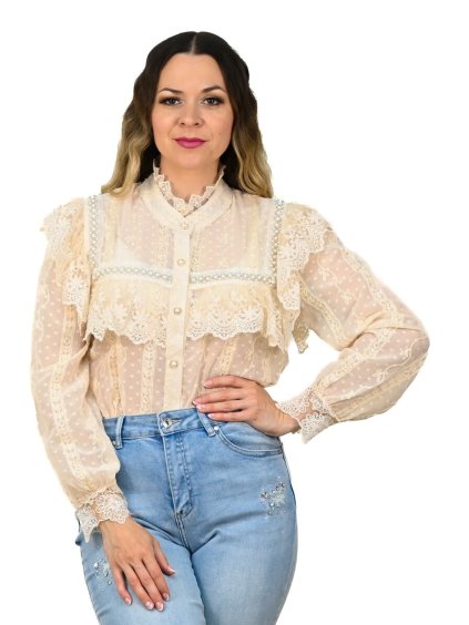 Čipkovaná blúzka s perličkami, Krémová (Veľkosť UNI)