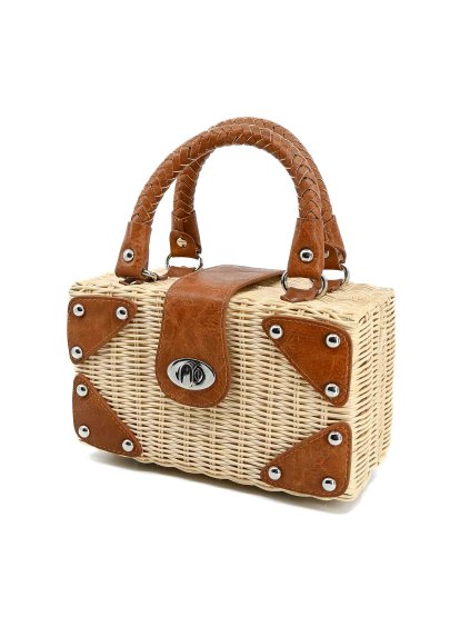 Slamená kabelka s koženkovými detailami