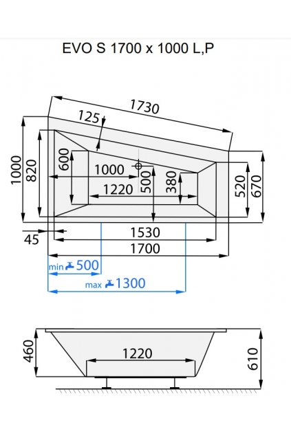 Santech asymetrická akrylátová vana EVO-S 170x100cm, Levá