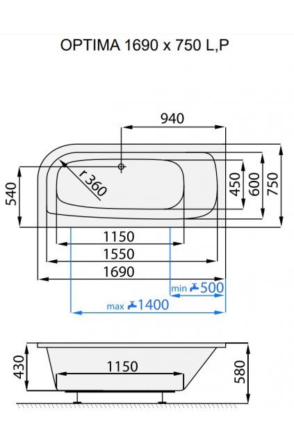 Santech Optima 1690 x 750 pravá + DOPRAVA ZDARMA