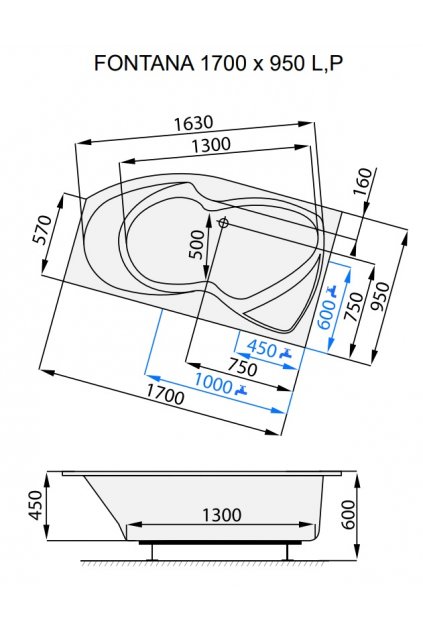 Santech asymetrická akrylátová vana FONTANA 170x95cm, Levá+ DOPRAVA ZDARMA + doprava zdarma + nožičky zdarma