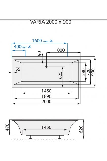 SANTECH akrylátová obdélníková vana VARIA 2000x900 mm, SAVAR200 + DOPRAVA ZDARMA + doprava zdarma + nožičky zdarma