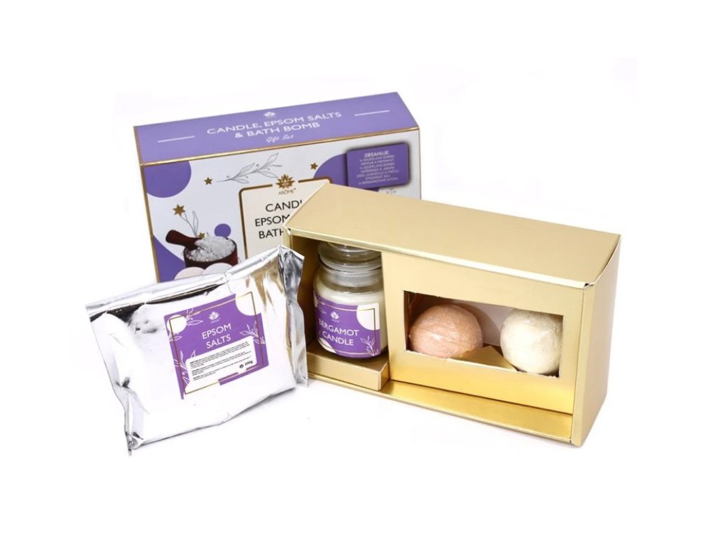 ARÔME - Darčeková sada 2 kúpeľové bomby, 1 sviečka, 1 kúpeľová soľ