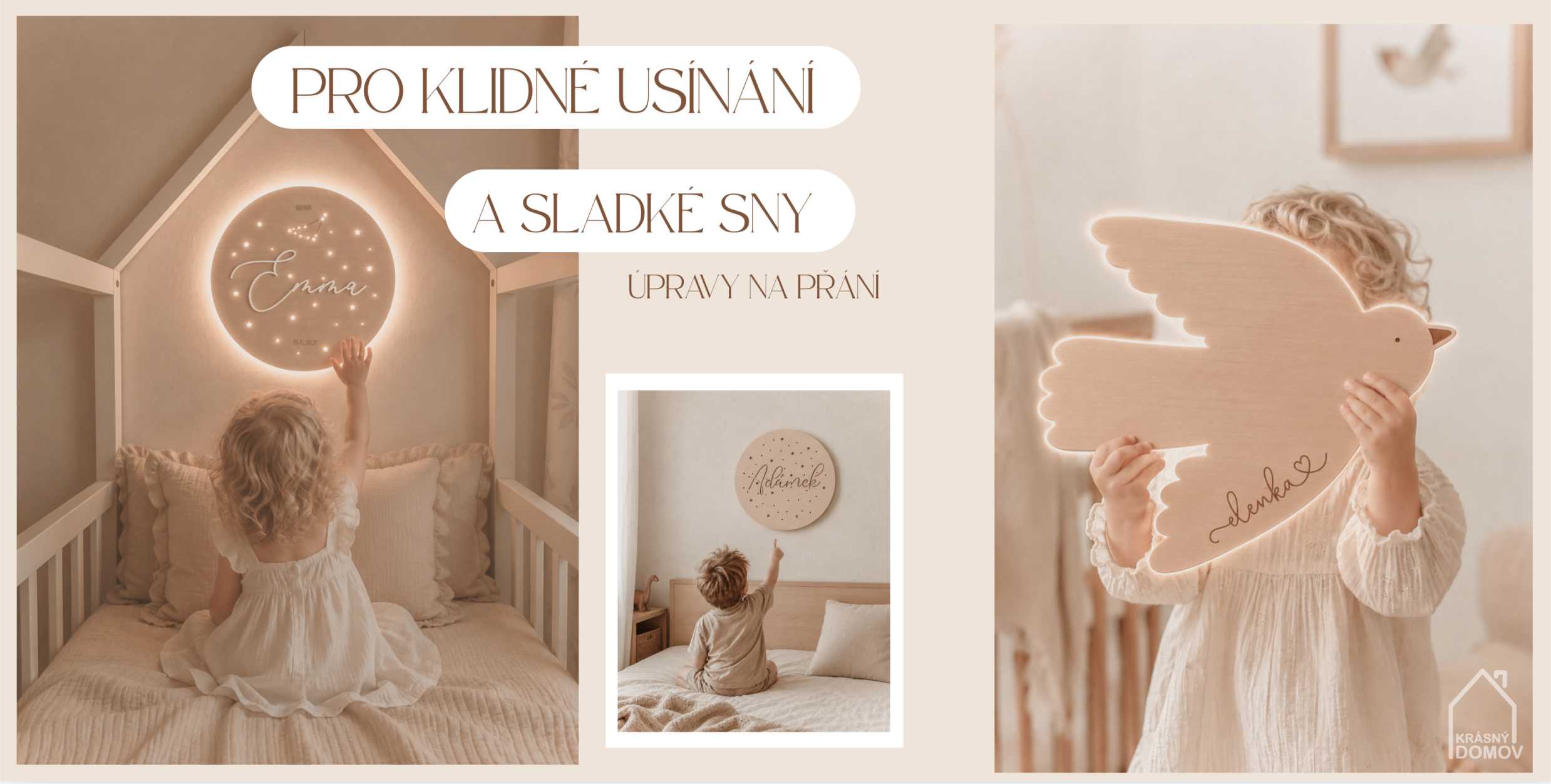 Děti s personalizovanými dřevěnými LED lampičkami se jménem v dětském pokoji