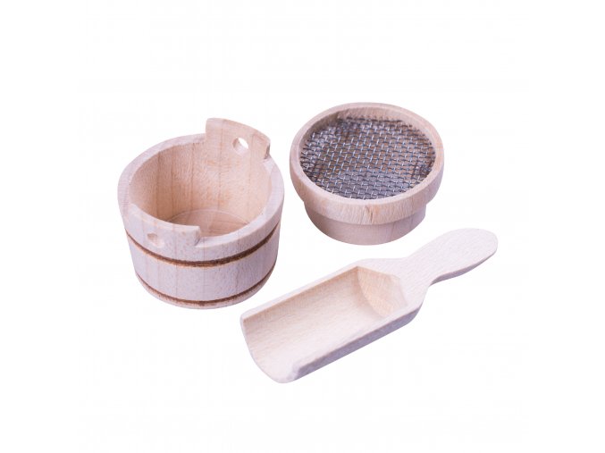 Dřevěné nádobí-sítko, vědro, lopatka