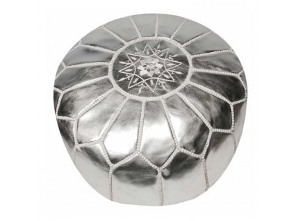 Orientální marocký taburet Fatima - stříbrný s šedým prošíváním