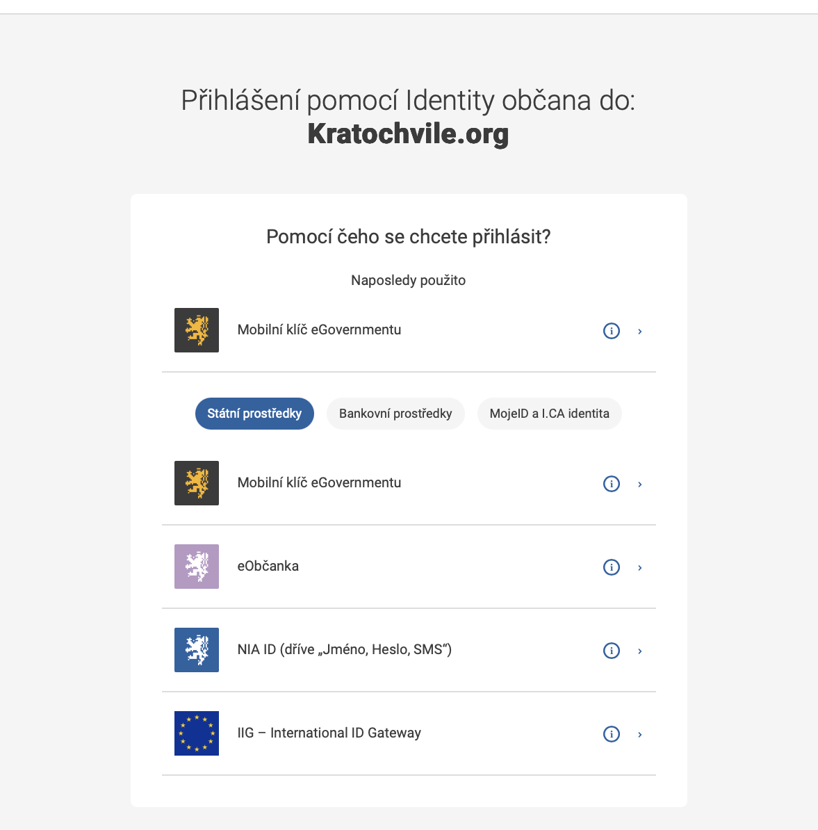 Vyber metody na obrazovce Identita obcana
