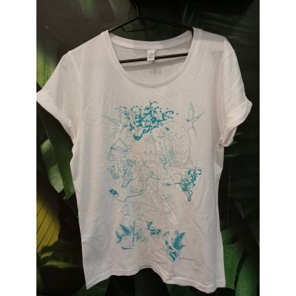 Tričko dámské bílé s modrým potiskem - Fluo Meditace (Velikost M)