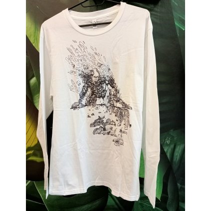 Tričko bílé unisex s dlouhým rukavem s černým potiskem Plastikus (Velikost M)