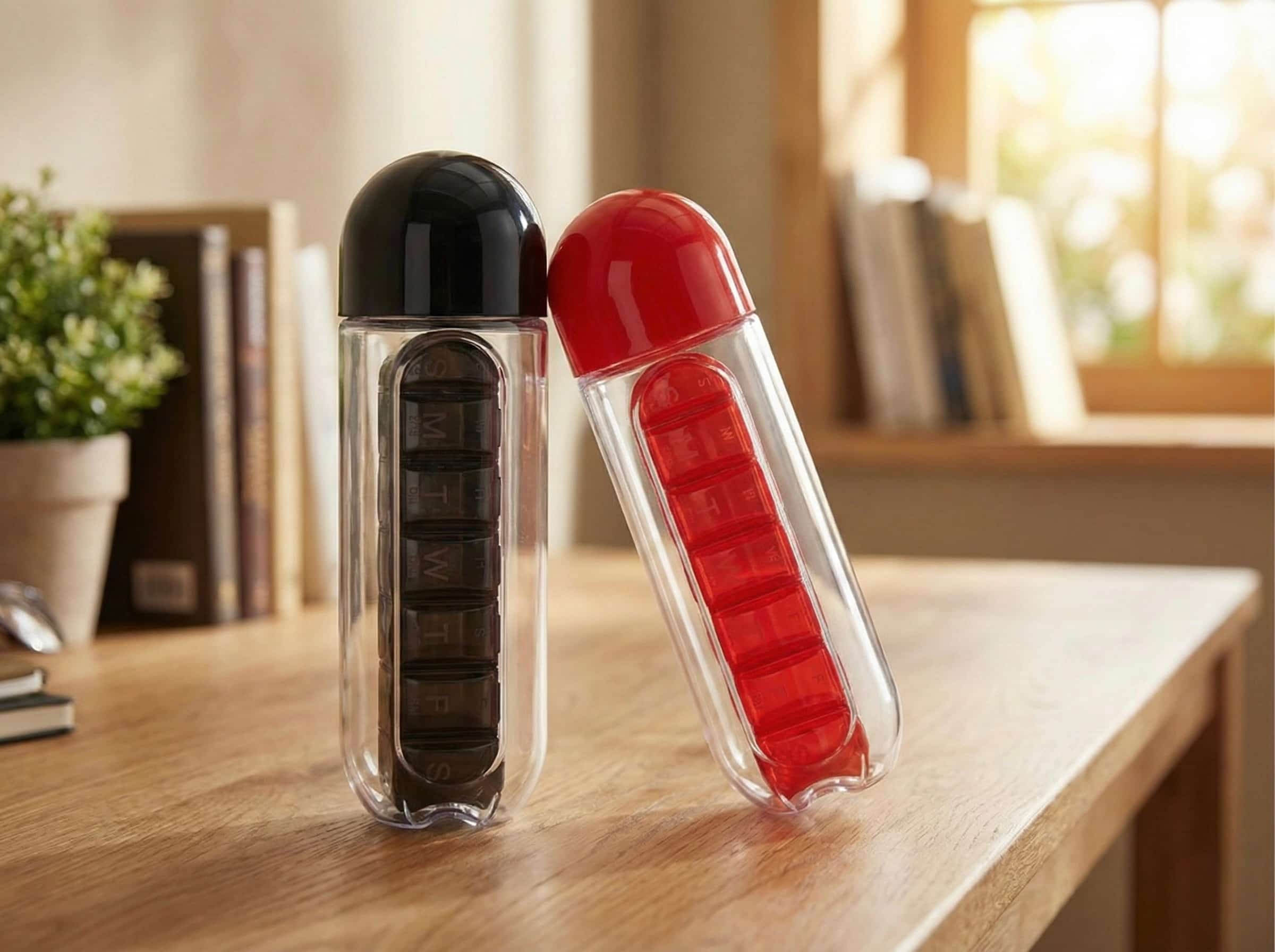 Láhev s organizérem pilulek