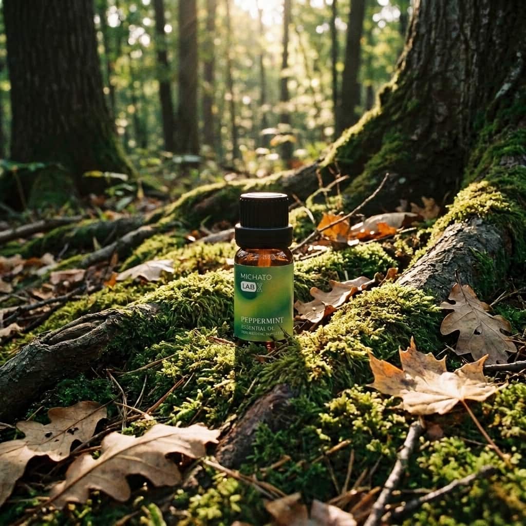Peppermint essential oil 10 ml in a dark glass bottle