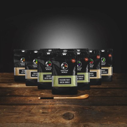 Ochucený starter pack všechny příchutě, pomeranč citron černý rybíz energy drink Red Bull Ananas Grepfruit Třešeň Kratom World Green White Red Zelený Jungle Bílý Borneo Červený Pure Čistý 8x25g