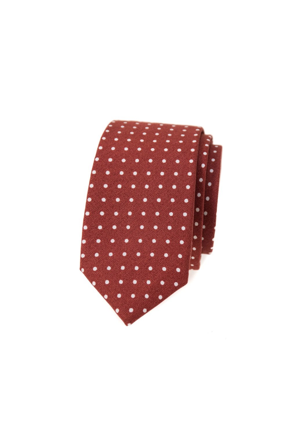 Úzká bavlněná kravata Avantgard - skořicová / puntík