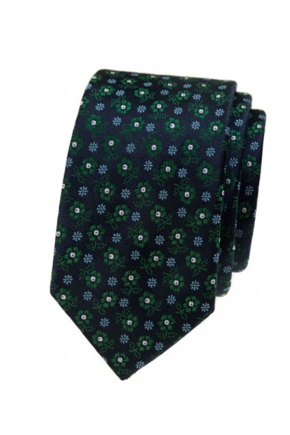 Úzká bavlněná kravata Avantgard - modrá / zelená s květy