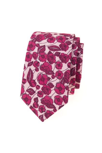 Úzká kravata Avantgard - růžová / květy