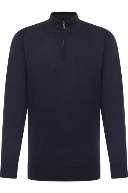 Pánský luxusní svetr z bavlny a kašmíru s krátkým zipem - navy