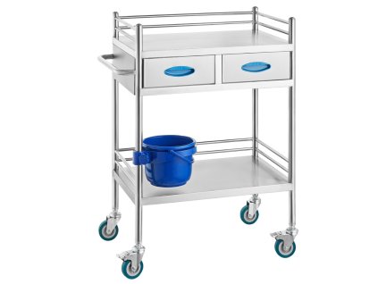 Dvouúrovňový laboratorní vozík s 2 šuplíky a kbelíkem, nerezová ocel, nosnost 100 kg, rozměry 66 x 39 x 86 cm