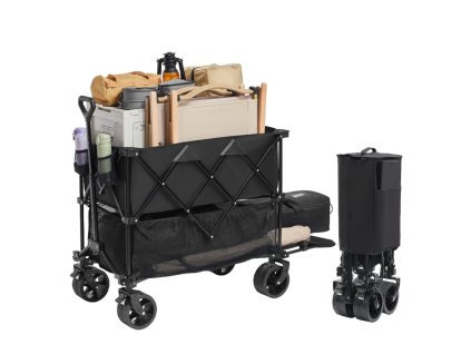 Zahradní vozík 1320×565×1065 mm, nosnost 204 kg, černý, skládací, s 360° otočnými koly, voděodolný, UV odolný, s PVC povlakem