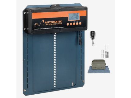 Automatická dvířka pro slepice, 21 × 26 cm, IP44, světelný senzor + časovač, LCD, hliníková slitina
