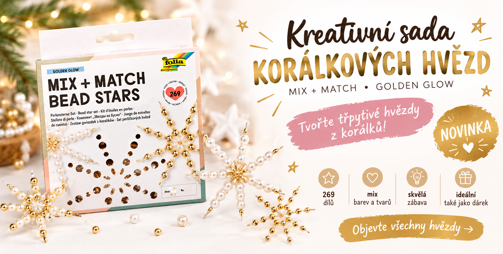 Kreativní sada korálkových hvězd Folia Mix + Match – Golden Glow (269 dílů)