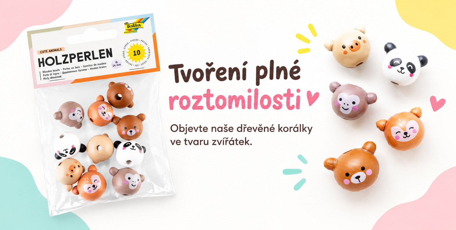 Dřevěné korálky s motivy zvířátek – Cute Animals (10 ks)
