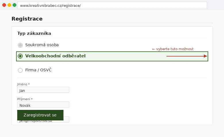 Screenshot registračního formuláře — výběr Velkoobchodní odběratel