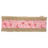 Stuha jutová s růžovým pruhem a kytkami šířka 6 cm, 2 m /2842/