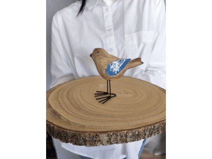 Dřevěný ptáček na kovových nožkách – originální dekorace s kyanotypií