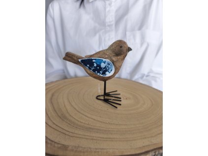 Dřevěný ptáček na kovových nožkách – originální dekorace s kyanotypií
