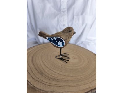 Dřevěný ptáček na kovových nožkách – originální dekorace s kyanotypií