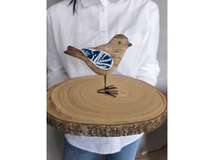 Dřevěný ptáček na kovových nožkách – originální dekorace s kyanotypií