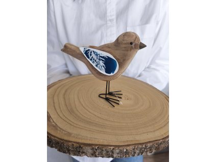 Dřevěný ptáček na kovových nožkách – originální dekorace s kyanotypií