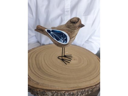 Dřevěný ptáček na kovových nožkách – originální dekorace s kyanotypií