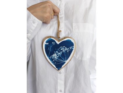 Srdce závěs dřevo kyanotypie 12 cm