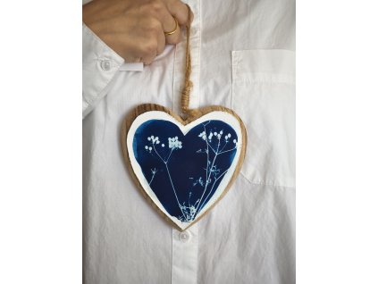 Srdce závěs dřevo kyanotypie 12 cm