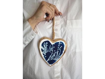 Srdce závěs dřevo kyanotypie 12 cm