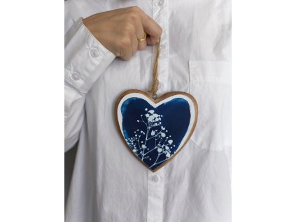 Srdce závěs dřevo kyanotypie 12 cm