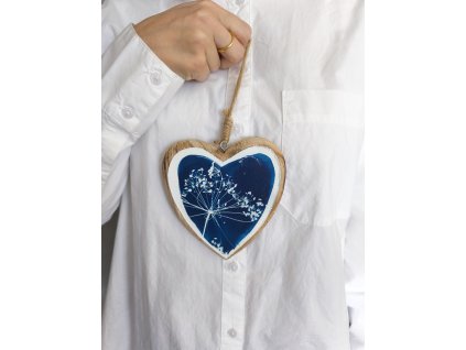 Srdce závěs dřevo kyanotypie 12 cm