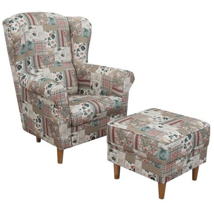Ušiakové kreslo s taburetom - ASTRID, Patchwork