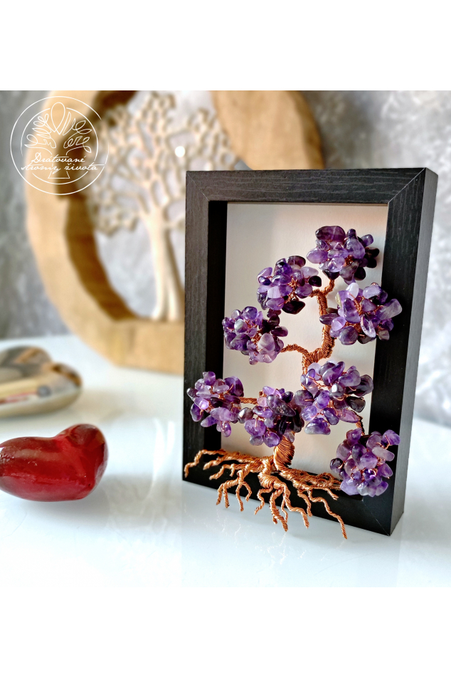 Strom života v rámečku Polodrahokamy -Ametystový strom splněných přání 18x13cm