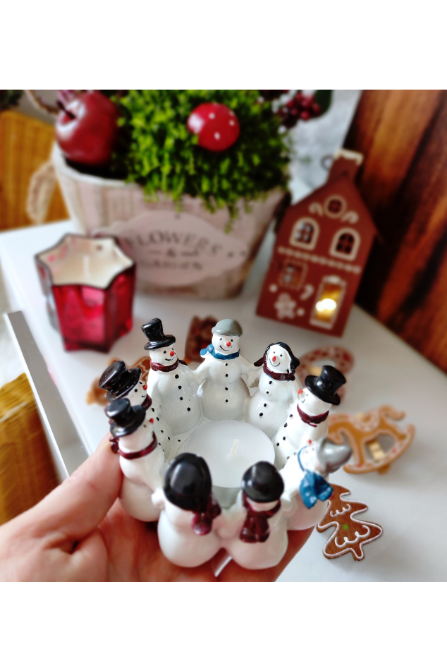 Ručně vyráběný skandinávský svícen se sněhuláčky – originál ze Švédska 11x10cm