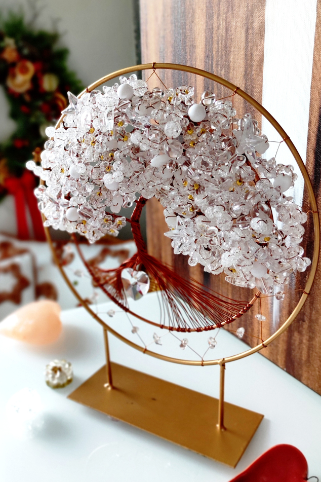 Drátovaný strom života na stojánku Křišťálový léčitel 25cm - měděný