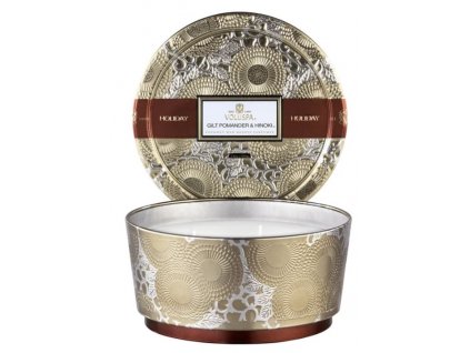 Voluspa Japonica GILT POMANDER & HINOKI HOLIDAY 3 Wick Pedestal Tin