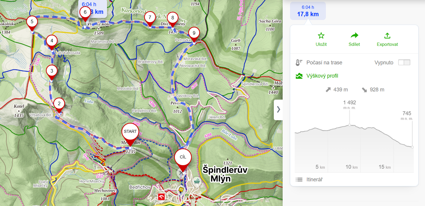 Mapa trasy: Medvědín – Špindlerův Mlýn